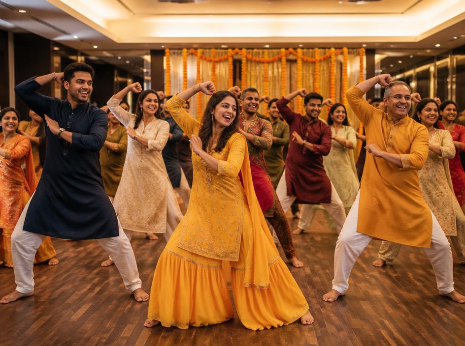 Family and friends practicing a group Bollywood dance routine
