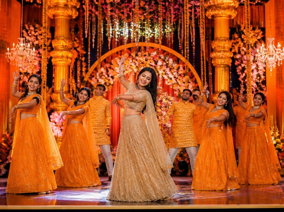 Sangeet night performance with dancers on a decorated stage